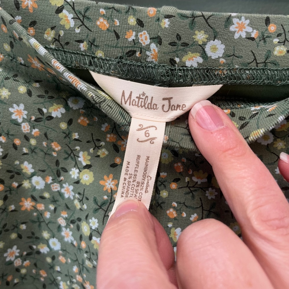Matilda Jane Girls Sage Green Floral Ruffle Hem Leggings Size 6 Stretch Pants - Picture 3 of 4